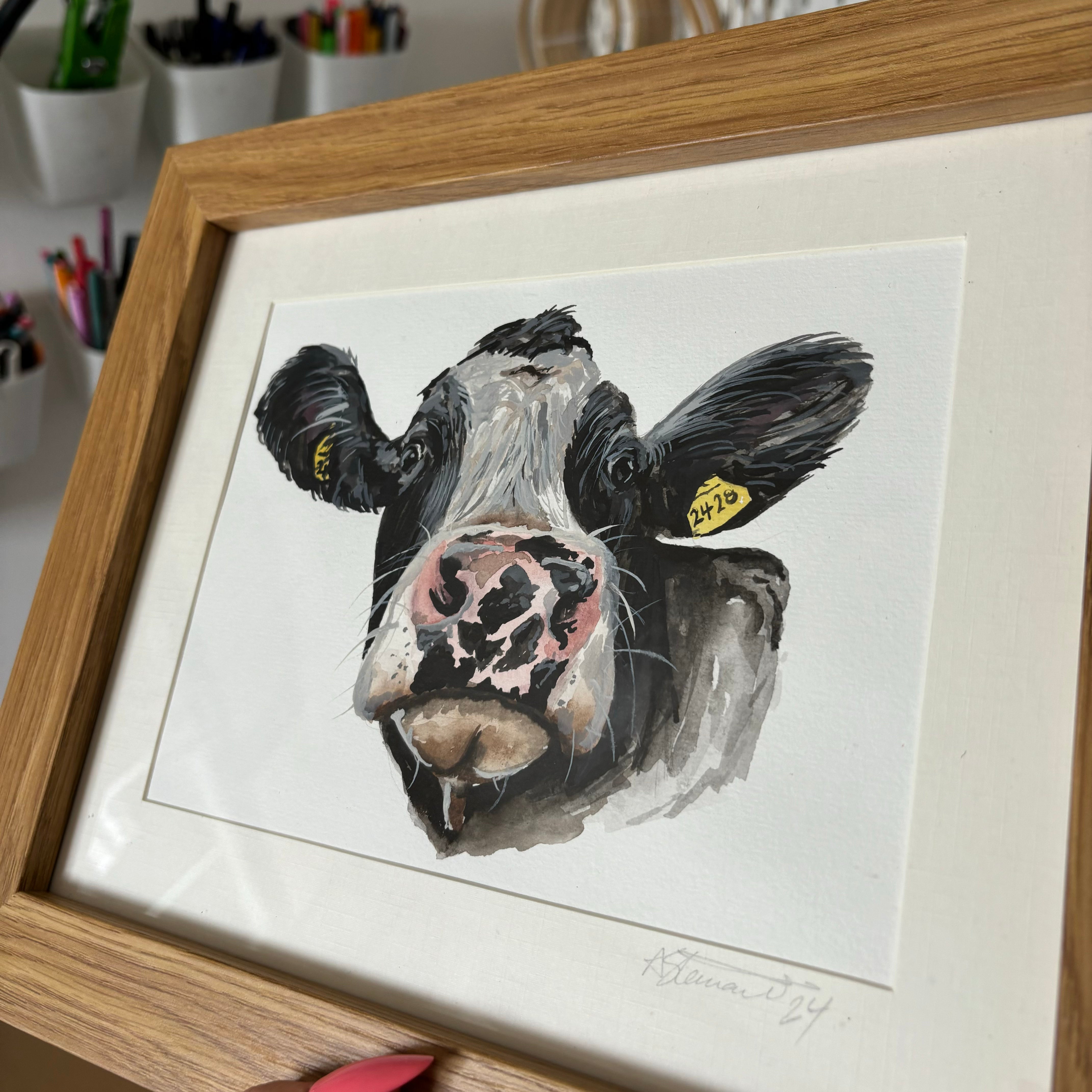 Framed Original Watercolour Cow