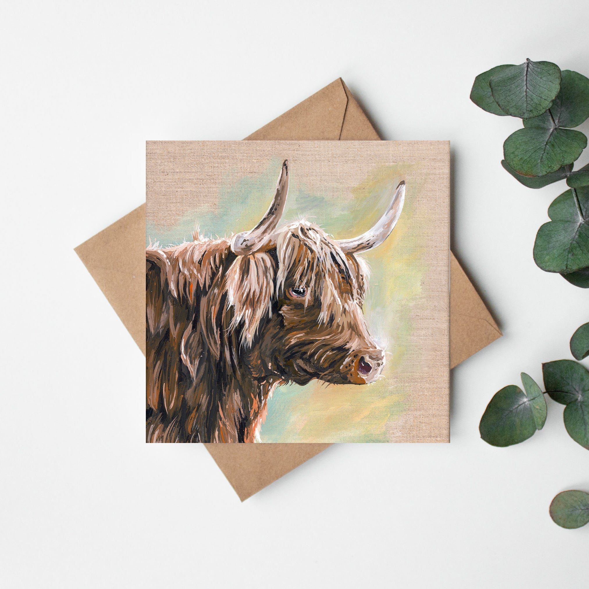 Highland Cow on Linen Greeting Card