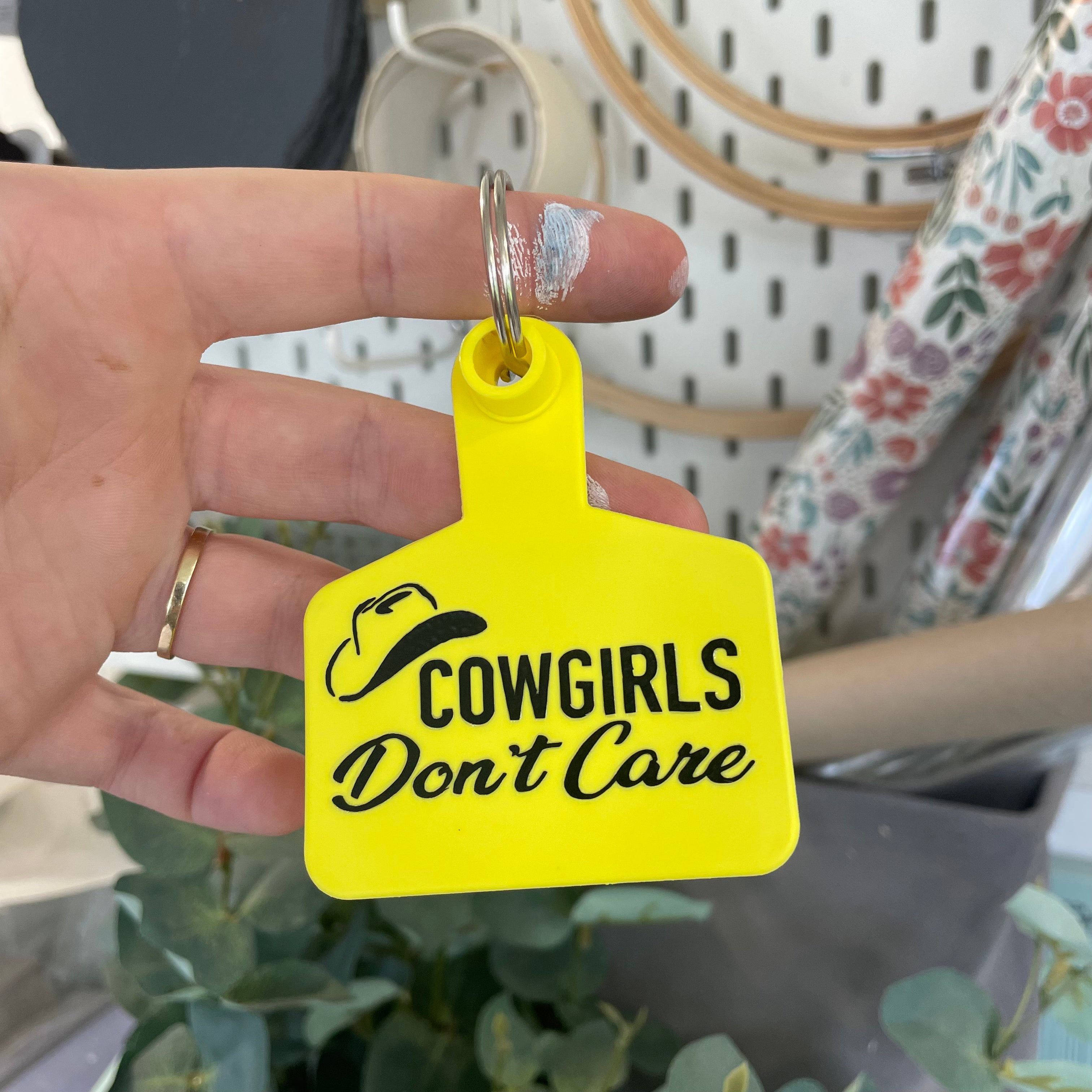 ‘COWGIRLS DON’T CARE’ Cattle Tag Keyring